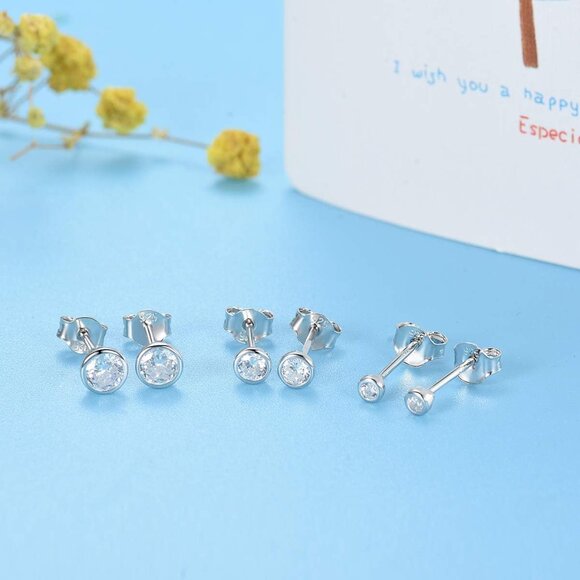 Sterling Silver Stud Earrings for Women Men- 3 Pairs of Tiny Round Cubic Zirconi - Picture 6 of 9